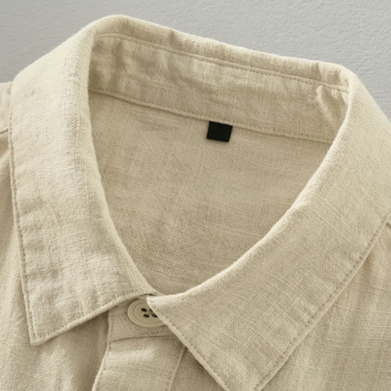 Buddha Stones Veste homme minimaliste décontractée d'automne en ramie unie à boutons avec poches - image 15