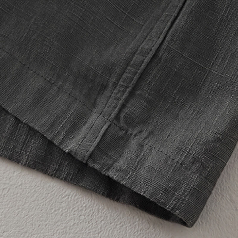 Buddha Stones Veste homme minimaliste décontractée d'automne en ramie unie à boutons avec poches - image 10