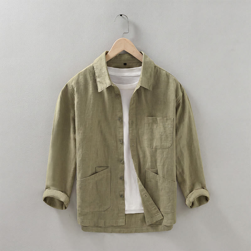 Buddha Stones Veste homme minimaliste décontractée d'automne en ramie unie à boutons avec poches - Kaki foncé - US/UK/AU42，EU52 (3XL) - image 19
