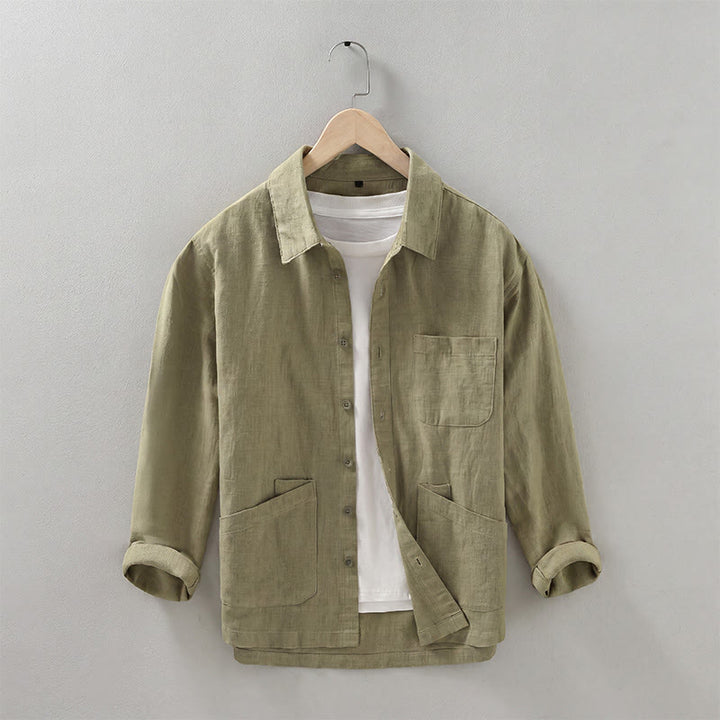 Buddha Stones Veste homme minimaliste décontractée d'automne en ramie unie à boutons avec poches - Kaki foncé - US/UK/AU42，EU52 (3XL) - image 19