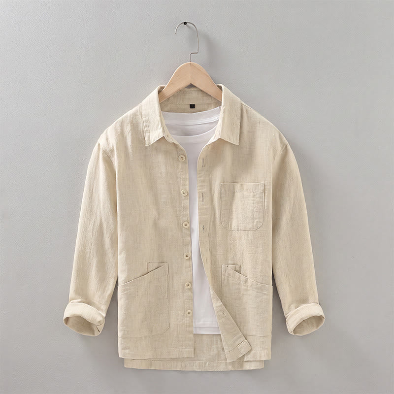 Buddha Stones Veste homme minimaliste décontractée d'automne en ramie unie à boutons avec poches - Blé - US/UK/AU42，EU52 (3XL) - image 13