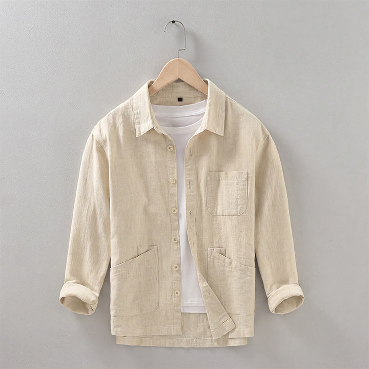 Buddha Stones Veste homme minimaliste décontractée d'automne en ramie unie à boutons avec poches - Blé - US/UK/AU42，EU52 (3XL) - image 13