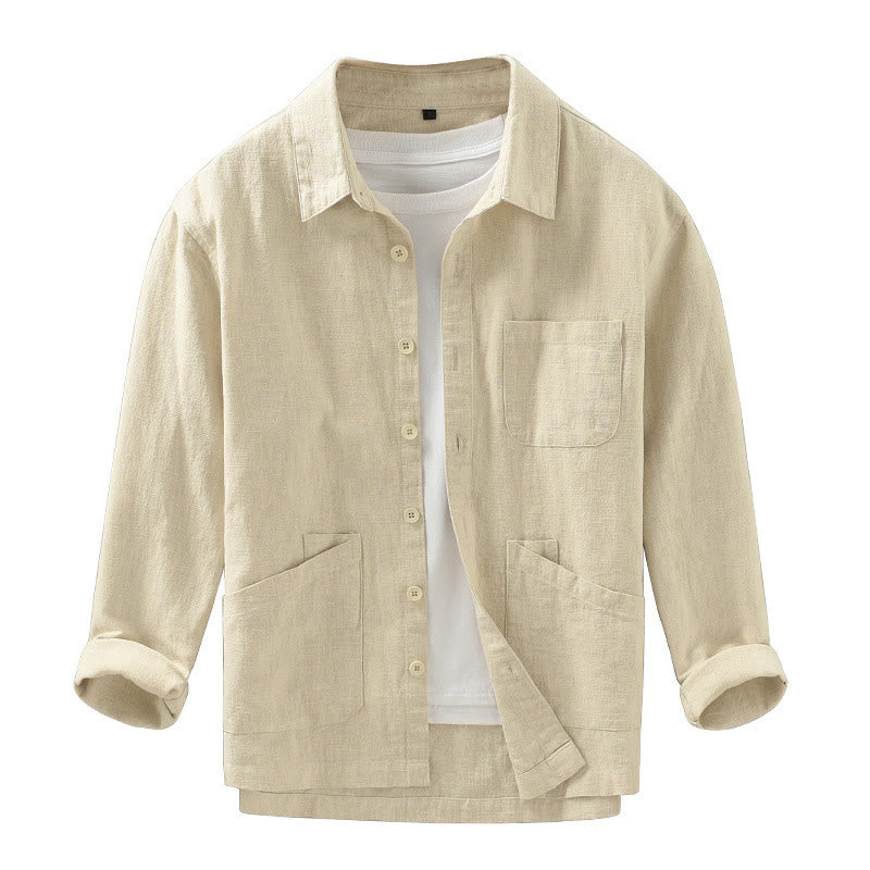 Buddha Stones Veste homme minimaliste décontractée d'automne en ramie unie à boutons avec poches - image 14
