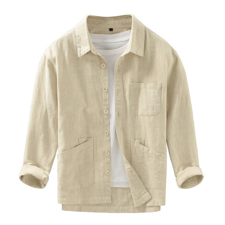 Buddha Stones Veste homme minimaliste décontractée d'automne en ramie unie à boutons avec poches - image 14