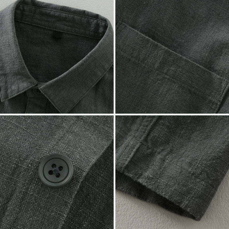Buddha Stones Veste homme minimaliste décontractée d'automne en ramie unie à boutons avec poches - image 2