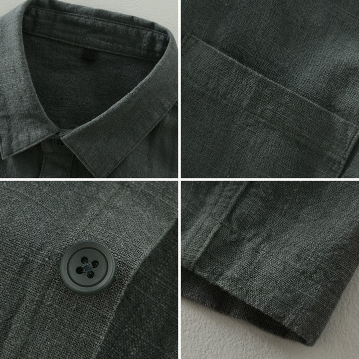 Buddha Stones Veste homme minimaliste décontractée d'automne en ramie unie à boutons avec poches - image 2