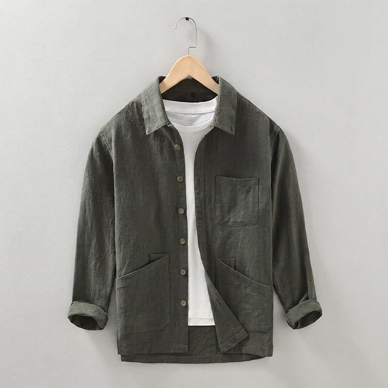 Buddha Stones Veste homme minimaliste décontractée d'automne en ramie unie à boutons avec poches - Vert olive foncé - US/UK/AU42，EU52 (3XL) - image 20