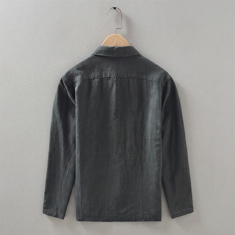 Buddha Stones Veste homme minimaliste décontractée d'automne en ramie unie à boutons avec poches - image 1