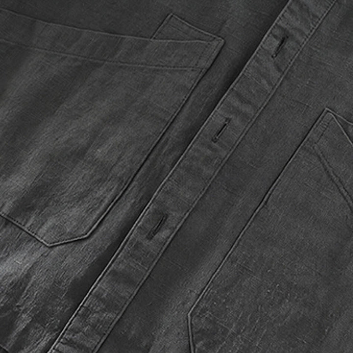 Buddha Stones Veste homme minimaliste décontractée d'automne en ramie unie à boutons avec poches - image 7
