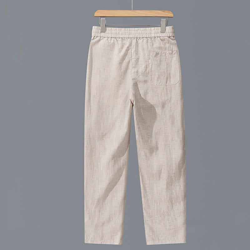 Buddha Stones Pantalon long en lin uni, coupe droite, avec cordon de serrage et poches, idéal pour le printemps et l'été. - image 1