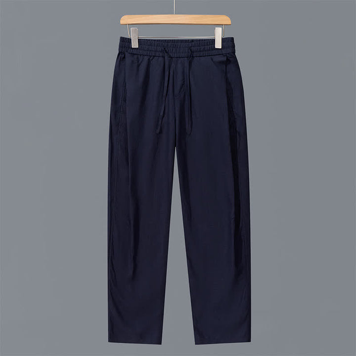 Buddha Stones Pantalon long en lin uni, coupe droite, avec cordon de serrage et poches, idéal pour le printemps et l'été. - Bleu nuit - US/UK/AU42，EU52 (3XL) - image 10