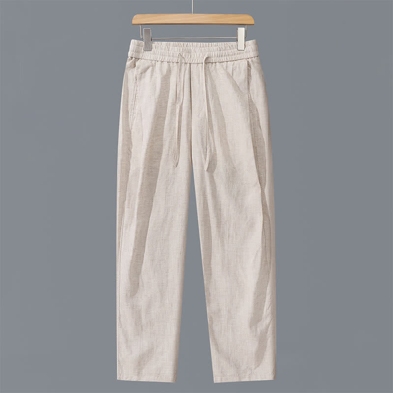 Buddha Stones Pantalon long en lin uni, coupe droite, avec cordon de serrage et poches, idéal pour le printemps et l'été. - Lin - US/UK/AU42，EU52 (3XL) - image 0