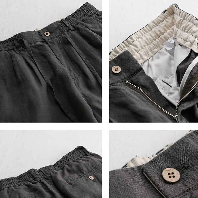 Buddha Stones Pantalon long en lin uni, coupe droite, poches, style décontracté printemps-été, avec cordon de serrage et fermeture éclair. - image 3