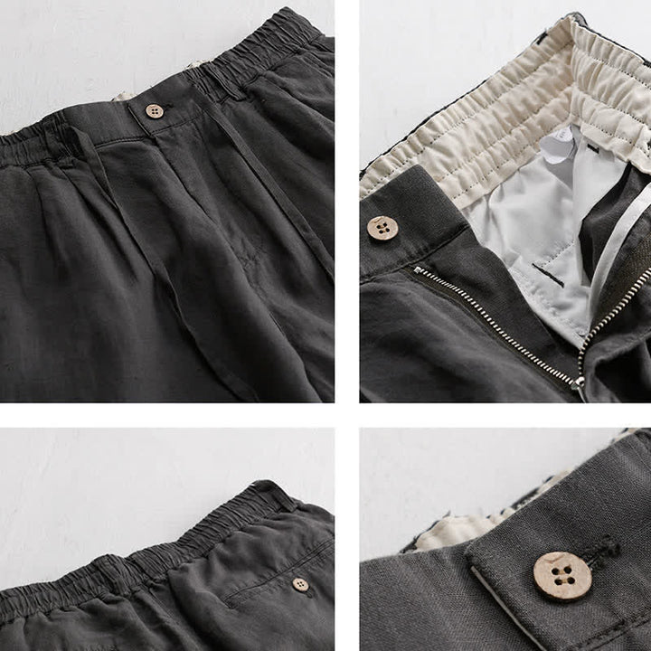 Buddha Stones Pantalon long en lin uni, coupe droite, poches, style décontracté printemps-été, avec cordon de serrage et fermeture éclair. - image 3