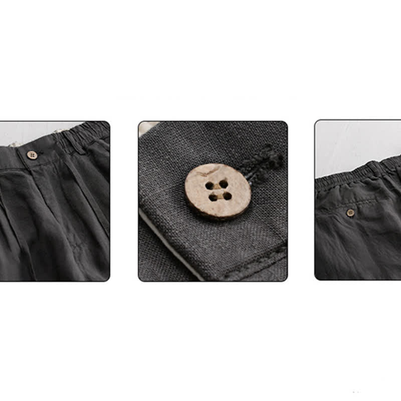 Buddha Stones Pantalon long en lin uni, coupe droite, poches, style décontracté printemps-été, avec cordon de serrage et fermeture éclair. - image 7