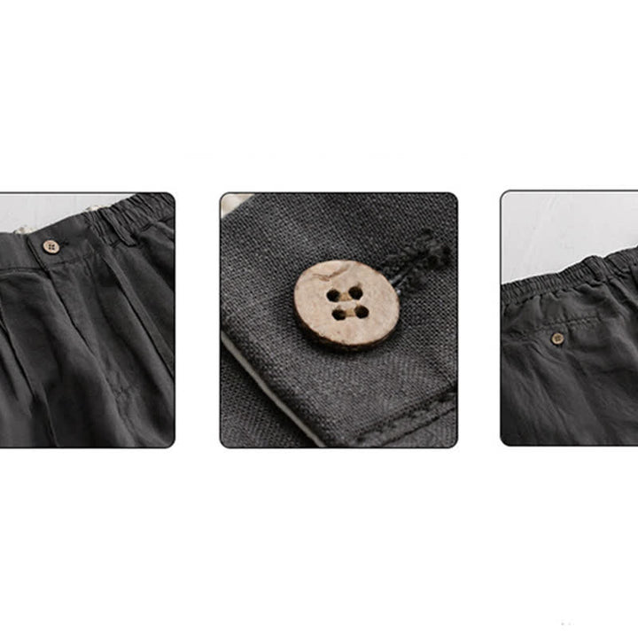 Buddha Stones Pantalon long en lin uni, coupe droite, poches, style décontracté printemps-été, avec cordon de serrage et fermeture éclair. - image 7