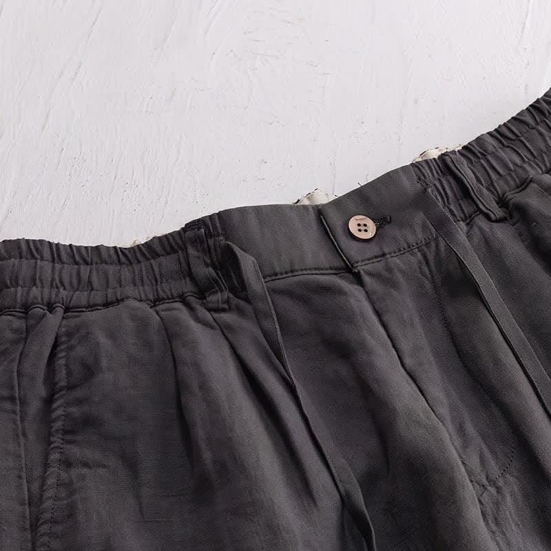 Buddha Stones Pantalon long en lin uni, coupe droite, poches, style décontracté printemps-été, avec cordon de serrage et fermeture éclair. - image 4