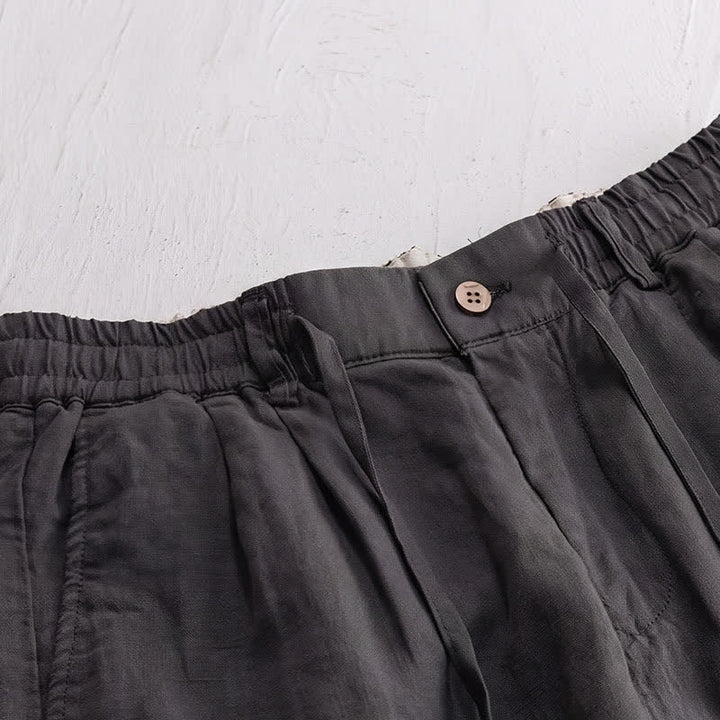 Buddha Stones Pantalon long en lin uni, coupe droite, poches, style décontracté printemps-été, avec cordon de serrage et fermeture éclair. - image 4