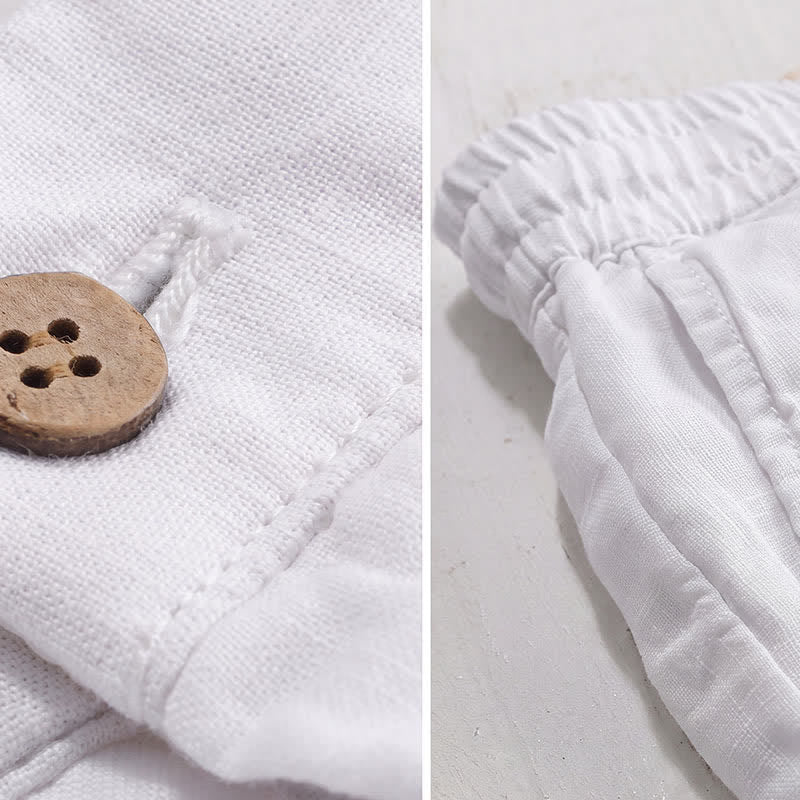 Buddha Stones Pantalon long en lin uni, coupe droite, poches, style décontracté printemps-été, avec cordon de serrage et fermeture éclair. - image 18