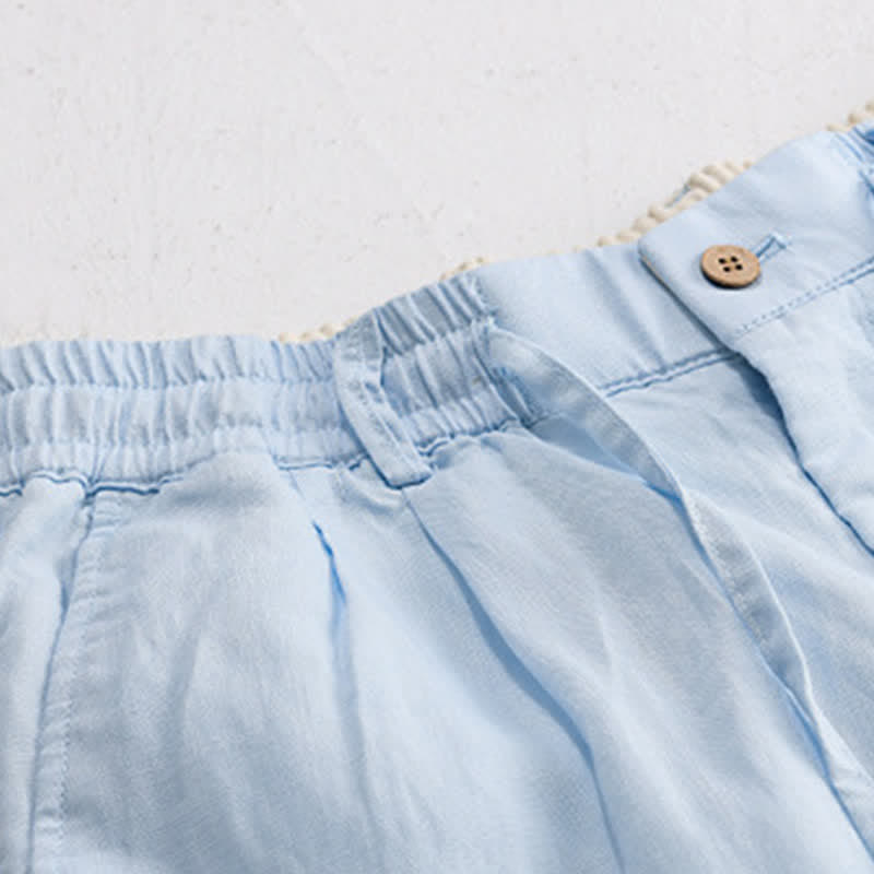 Buddha Stones Pantalon long en lin uni, coupe droite, poches, style décontracté printemps-été, avec cordon de serrage et fermeture éclair. - image 14