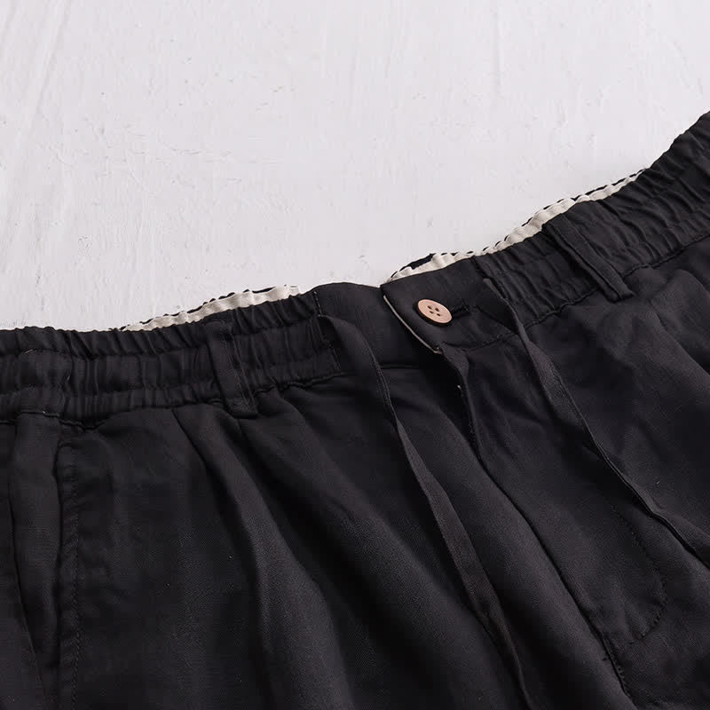 Buddha Stones Pantalon long en lin uni, coupe droite, poches, style décontracté printemps-été, avec cordon de serrage et fermeture éclair. - image 9