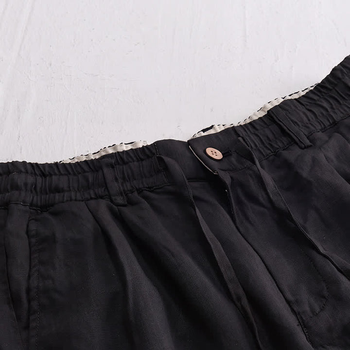 Buddha Stones Pantalon long en lin uni, coupe droite, poches, style décontracté printemps-été, avec cordon de serrage et fermeture éclair. - image 9