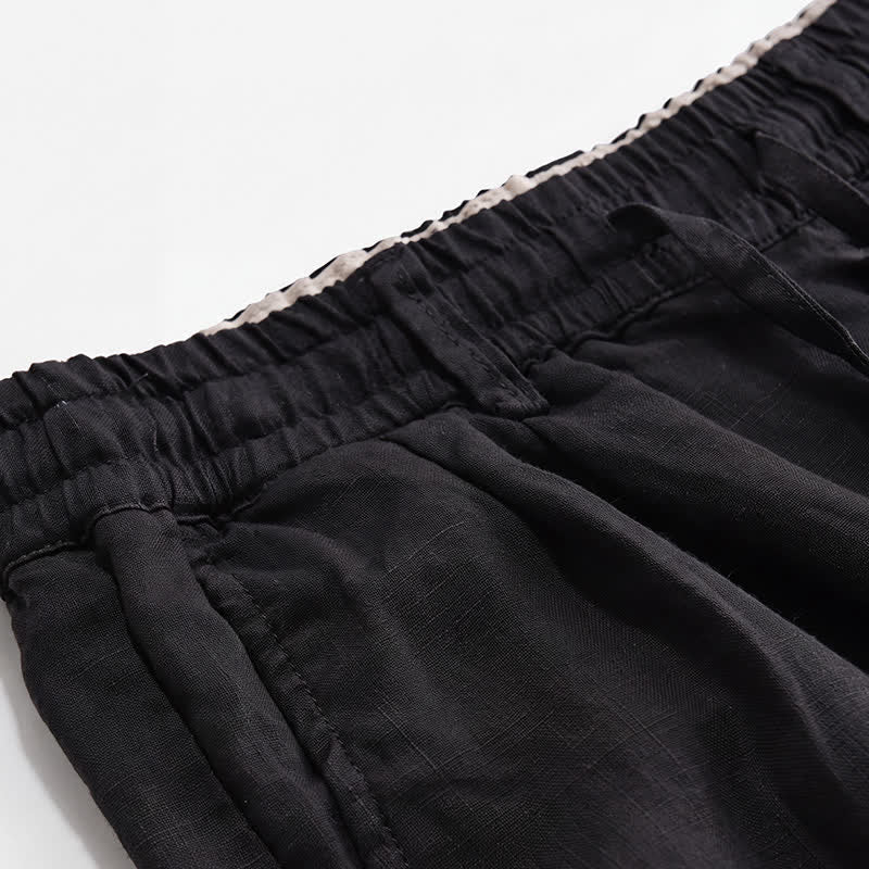 Buddha Stones Pantalon long en lin uni, coupe droite, poches, style décontracté printemps-été, avec cordon de serrage et fermeture éclair. - image 10