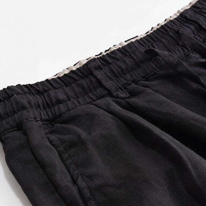Buddha Stones Pantalon long en lin uni, coupe droite, poches, style décontracté printemps-été, avec cordon de serrage et fermeture éclair. - image 10