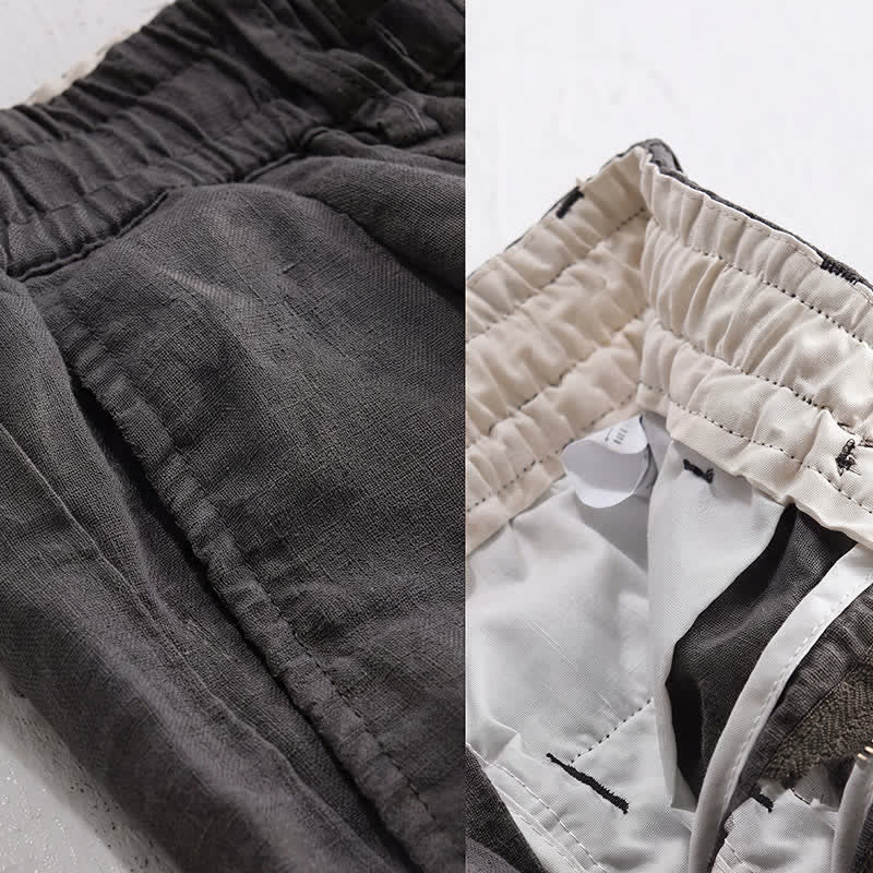Buddha Stones Pantalon long en lin uni, coupe droite, poches, style décontracté printemps-été, avec cordon de serrage et fermeture éclair. - image 6