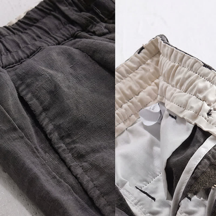 Buddha Stones Pantalon long en lin uni, coupe droite, poches, style décontracté printemps-été, avec cordon de serrage et fermeture éclair. - image 6