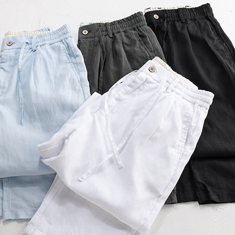 Buddha Stones Pantalon long en lin uni, coupe droite, poches, style décontracté printemps-été, avec cordon de serrage et fermeture éclair. - image 20