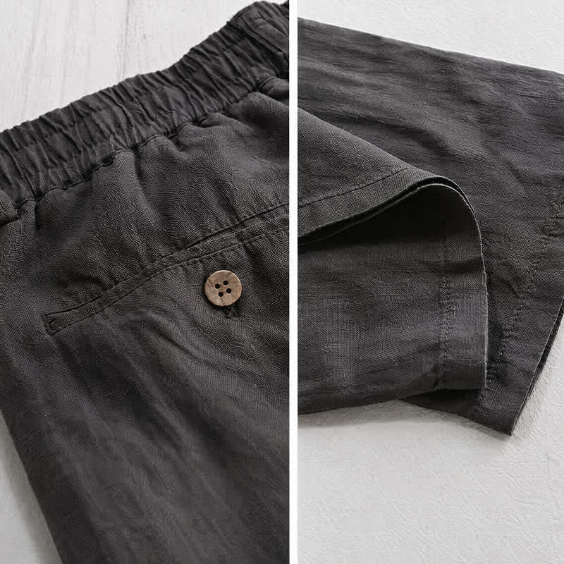 Buddha Stones Pantalon long en lin uni, coupe droite, poches, style décontracté printemps-été, avec cordon de serrage et fermeture éclair. - image 5