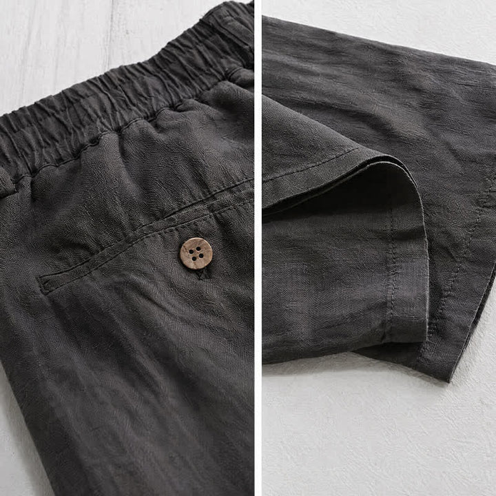 Buddha Stones Pantalon long en lin uni, coupe droite, poches, style décontracté printemps-été, avec cordon de serrage et fermeture éclair. - image 5