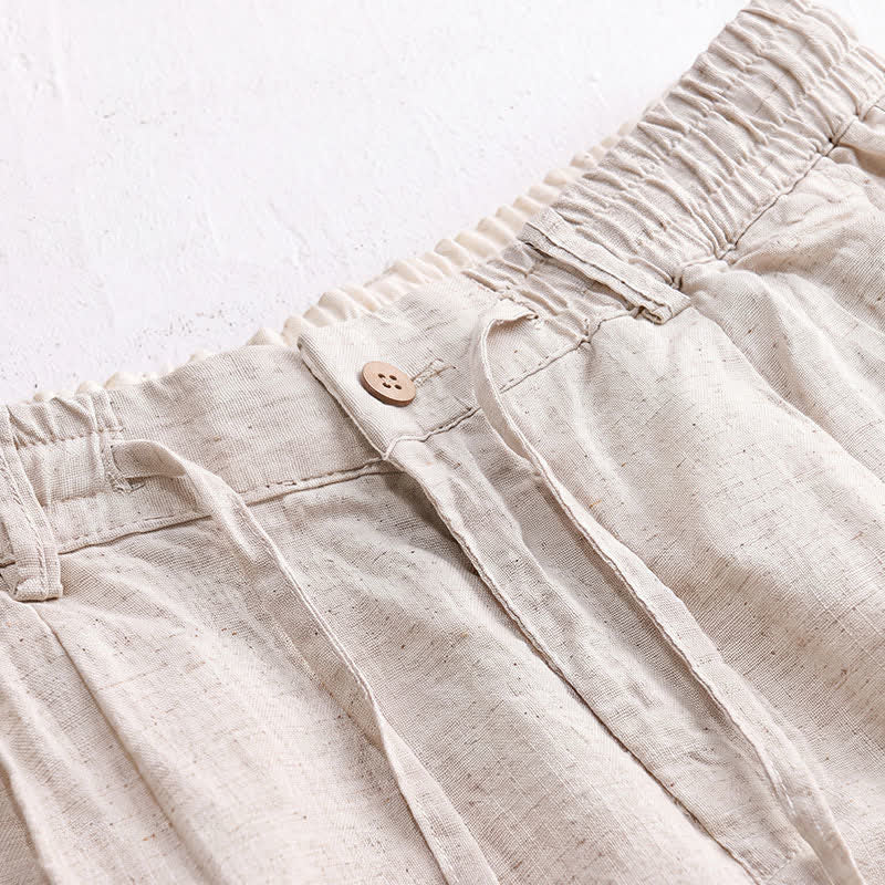 Buddha Stones Pantalon long en lin uni, coupe droite, poches, style décontracté printemps-été, avec cordon de serrage et fermeture éclair. - image 1