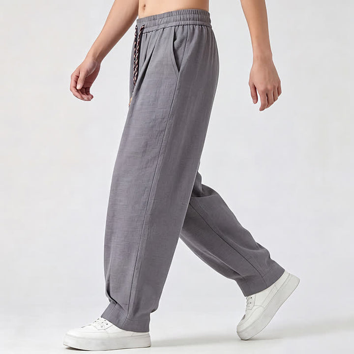 Buddha Stones Pantalon long uni à jambes droites et poches, coupe décontractée printemps-été, taille élastique avec cordon de serrage - image 4