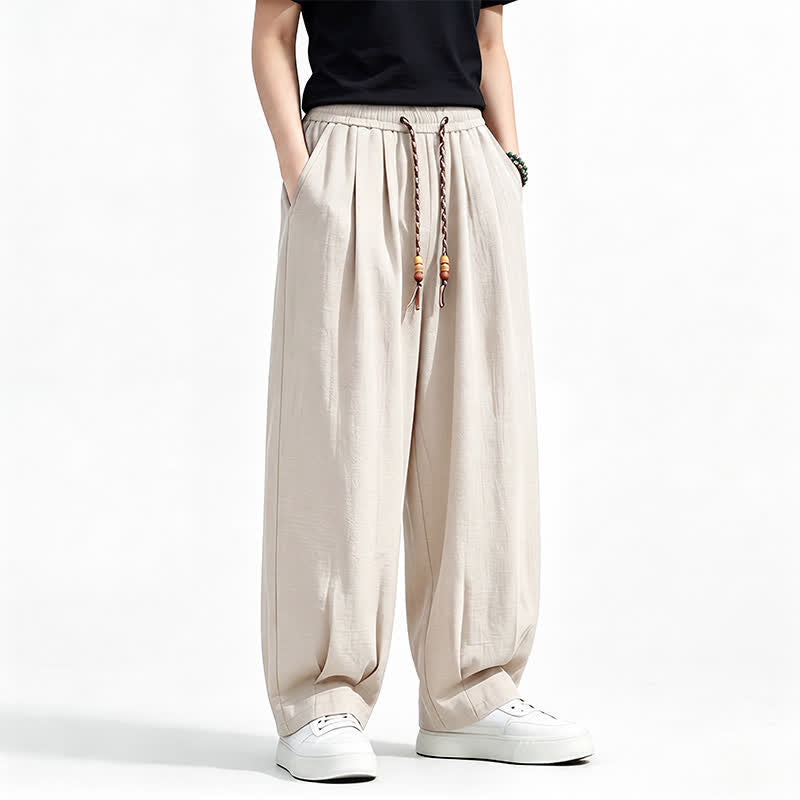 Buddha Stones Pantalon long uni à jambes droites et poches, coupe décontractée printemps-été, taille élastique avec cordon de serrage - image 18
