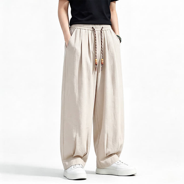Buddha Stones Pantalon long uni à jambes droites et poches, coupe décontractée printemps-été, taille élastique avec cordon de serrage - image 18