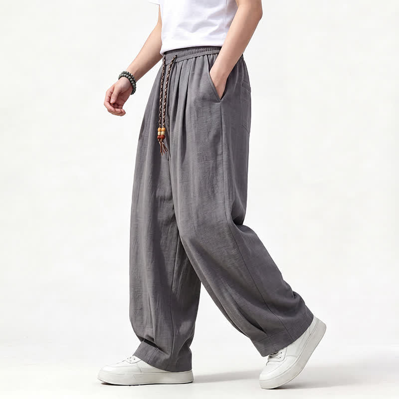 Buddha Stones Pantalon long uni à jambes droites et poches, coupe décontractée printemps-été, taille élastique avec cordon de serrage - image 1