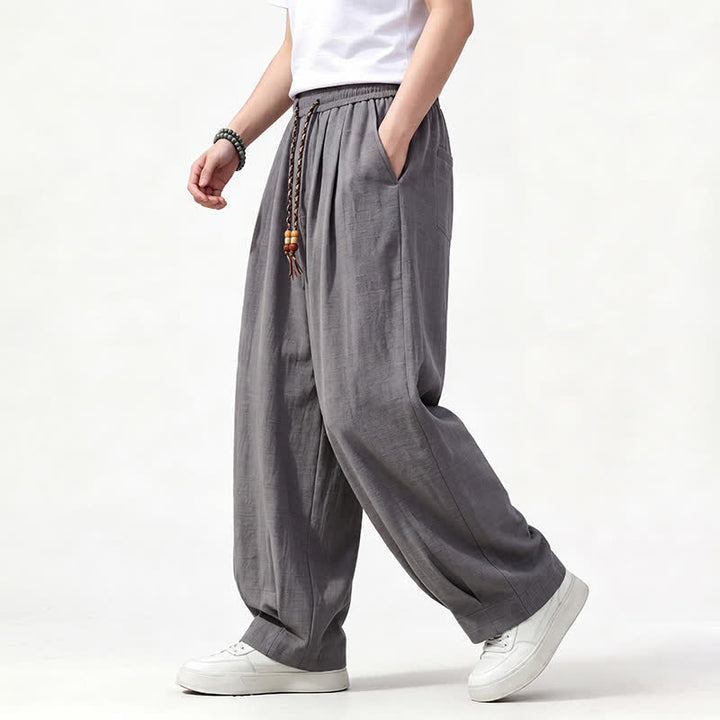 Buddha Stones Pantalon long uni à jambes droites et poches, coupe décontractée printemps-été, taille élastique avec cordon de serrage - image 1