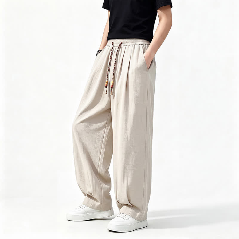 Buddha Stones Pantalon long uni à jambes droites et poches, coupe décontractée printemps-été, taille élastique avec cordon de serrage - image 21