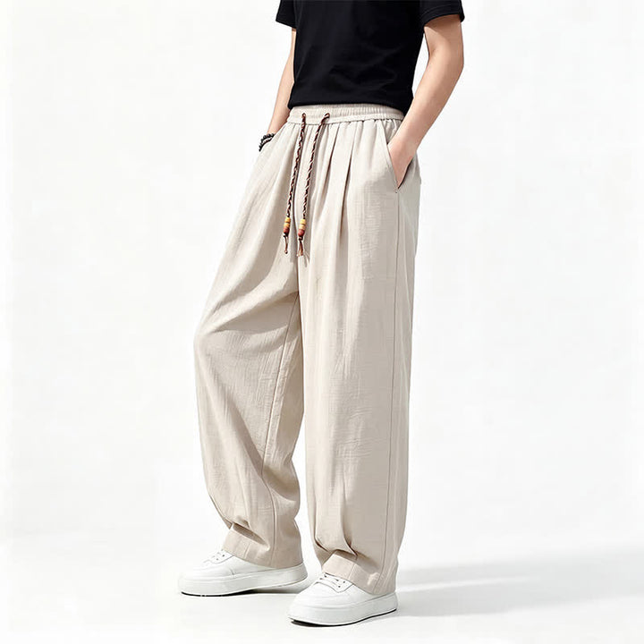 Buddha Stones Pantalon long uni à jambes droites et poches, coupe décontractée printemps-été, taille élastique avec cordon de serrage - image 21