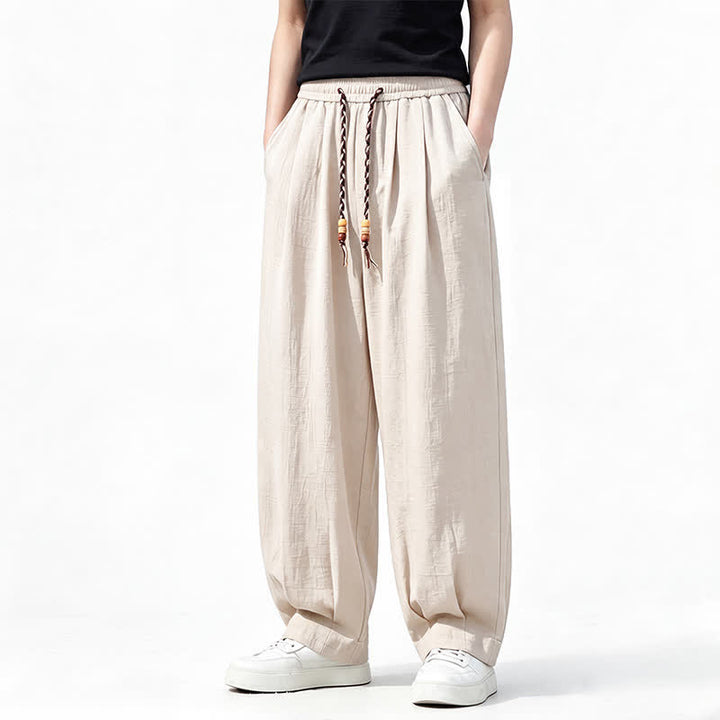 Buddha Stones Pantalon long uni à jambes droites et poches, coupe décontractée printemps-été, taille élastique avec cordon de serrage - Blanc antique - US/UK/AU46，EU56 (5XL) - image 17