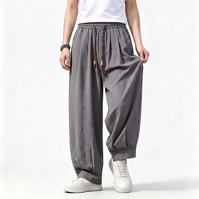 Buddha Stones Pantalon long uni à jambes droites et poches, coupe décontractée printemps-été, taille élastique avec cordon de serrage - image 2