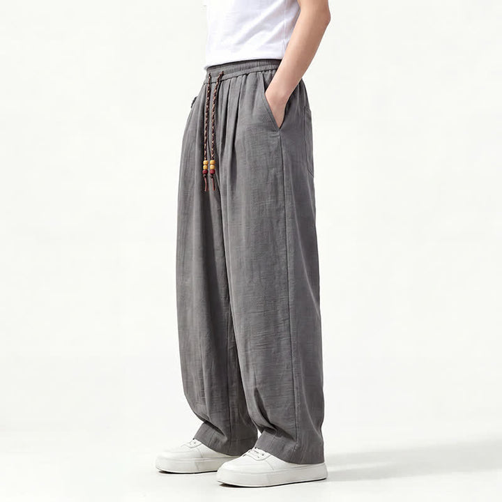 Buddha Stones Pantalon long uni à jambes droites et poches, coupe décontractée printemps-été, taille élastique avec cordon de serrage - image 3