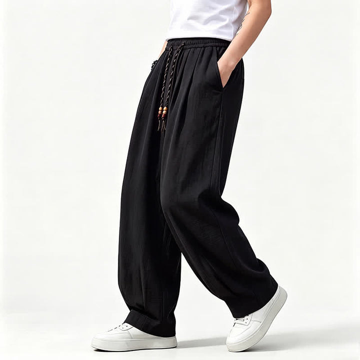 Buddha Stones Pantalon long uni à jambes droites et poches, coupe décontractée printemps-été, taille élastique avec cordon de serrage - image 9