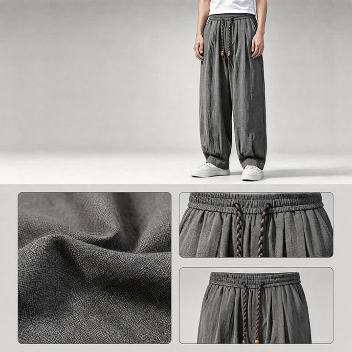 Buddha Stones Pantalon long uni à jambes droites et poches, coupe décontractée printemps-été, taille élastique avec cordon de serrage - image 5