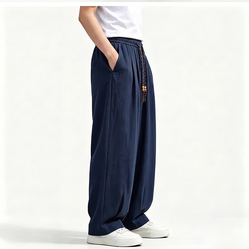 Buddha Stones Pantalon long uni à jambes droites et poches, coupe décontractée printemps-été, taille élastique avec cordon de serrage - image 15