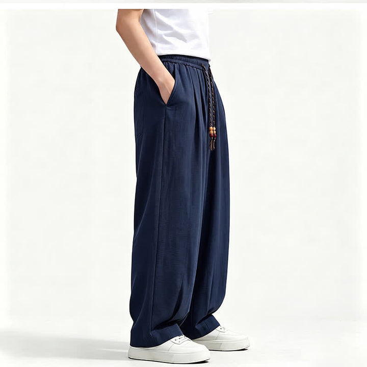 Buddha Stones Pantalon long uni à jambes droites et poches, coupe décontractée printemps-été, taille élastique avec cordon de serrage - image 15