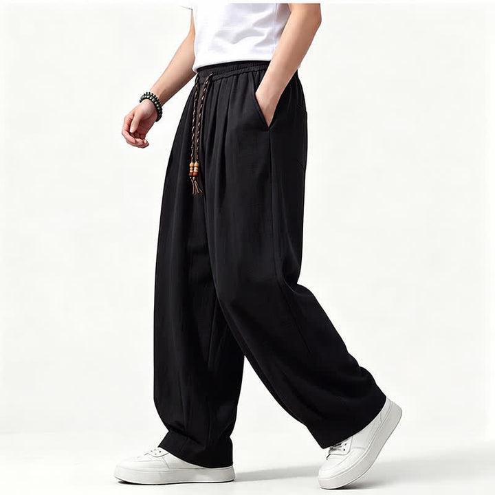 Buddha Stones Pantalon long uni à jambes droites et poches, coupe décontractée printemps-été, taille élastique avec cordon de serrage - image 8