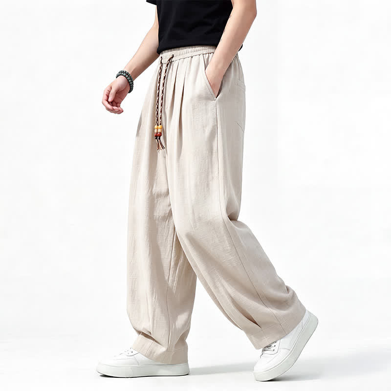 Buddha Stones Pantalon long uni à jambes droites et poches, coupe décontractée printemps-été, taille élastique avec cordon de serrage - image 20